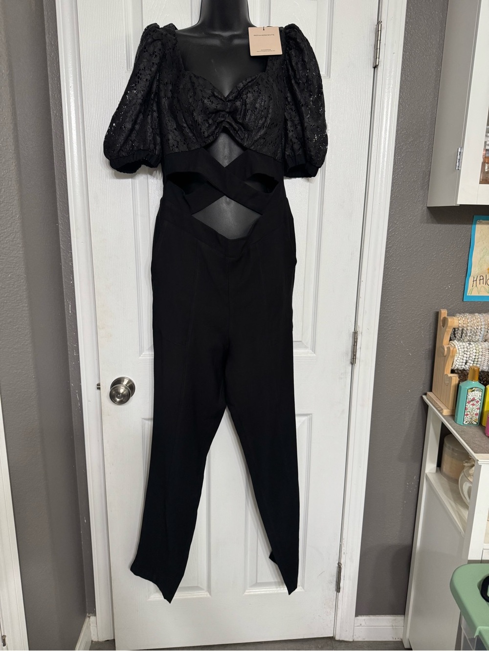 Black Lace Puff-Sleeve Cutout Jumpsuit with Twist Bodice 40